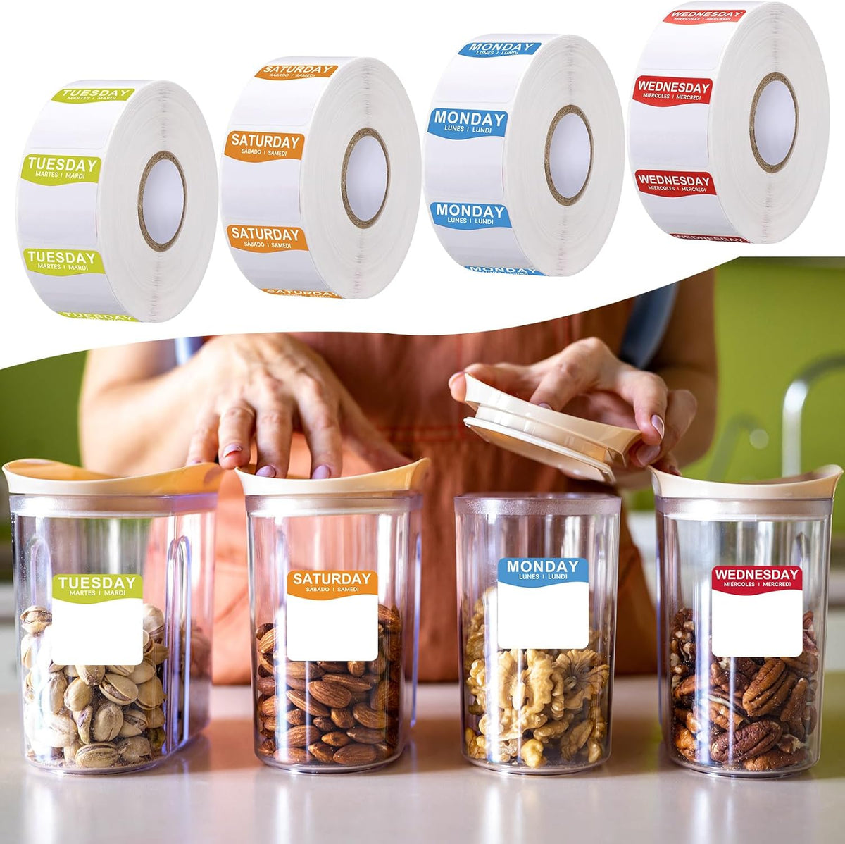 7000 Pcs Day of Week Label Food Label Monday Through Sunday Management Inventory Sticker Removable Weekly Self Adhesive Date Dot Sticker for Restaurant Kitchen Container (Square)