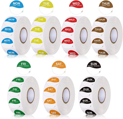 7000 Pcs Day of Week Label Food Label Monday Through Sunday Management Inventory Sticker Removable Weekly Self Adhesive Date Dot Sticker for Restaurant Kitchen Container (Square)