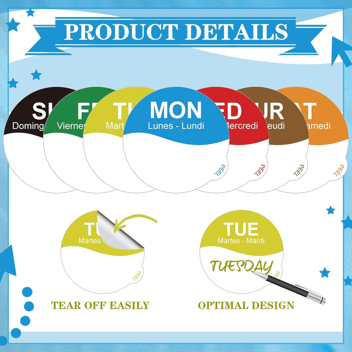 7000 Pcs Day of Week Label Food Label Monday Through Sunday Management Inventory Sticker Removable Weekly Self Adhesive Date Dot Sticker for Restaurant Kitchen Container (Square)