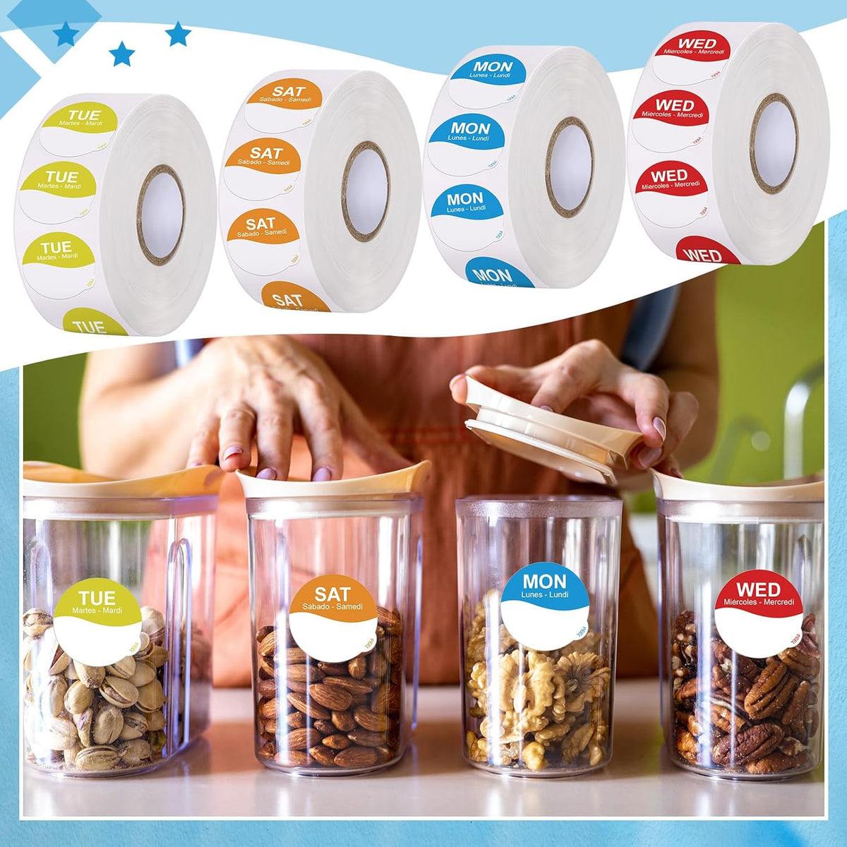 7000 Pcs Day of Week Label Food Label Monday Through Sunday Management Inventory Sticker Removable Weekly Self Adhesive Date Dot Sticker for Restaurant Kitchen Container (Square)