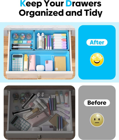 10 Pack Large Size Plastic Drawer Organizers Set, 3 Sizes Desk Drawer Organizer Trays, Storage Bins for Vanity, Makeup, Bathroom, Kitchen Utensils and Office (Black)