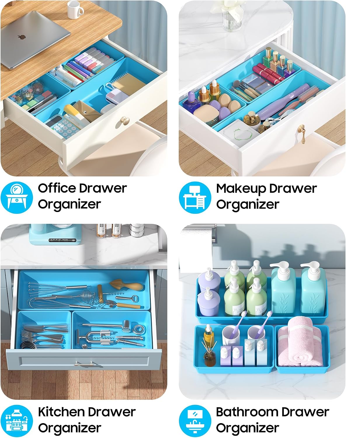 10 Pack Large Size Plastic Drawer Organizers Set, 3 Sizes Desk Drawer Organizer Trays, Storage Bins for Vanity, Makeup, Bathroom, Kitchen Utensils and Office (Black)