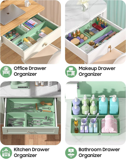 10 Pack Large Size Plastic Drawer Organizers Set, 3 Sizes Desk Drawer Organizer Trays, Storage Bins for Vanity, Makeup, Bathroom, Kitchen Utensils and Office (Black)