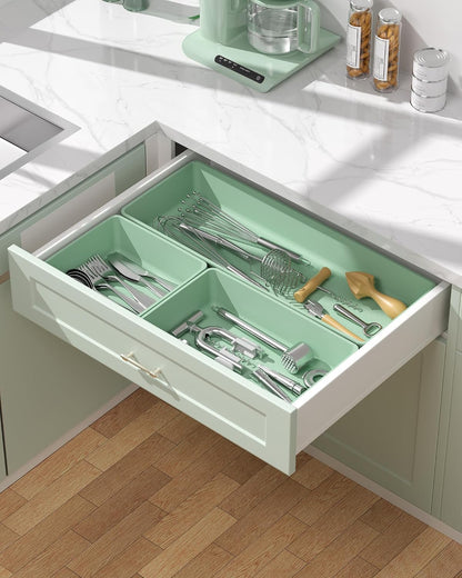 10 Pack Large Size Plastic Drawer Organizers Set, 3 Sizes Desk Drawer Organizer Trays, Storage Bins for Vanity, Makeup, Bathroom, Kitchen Utensils and Office (Black)