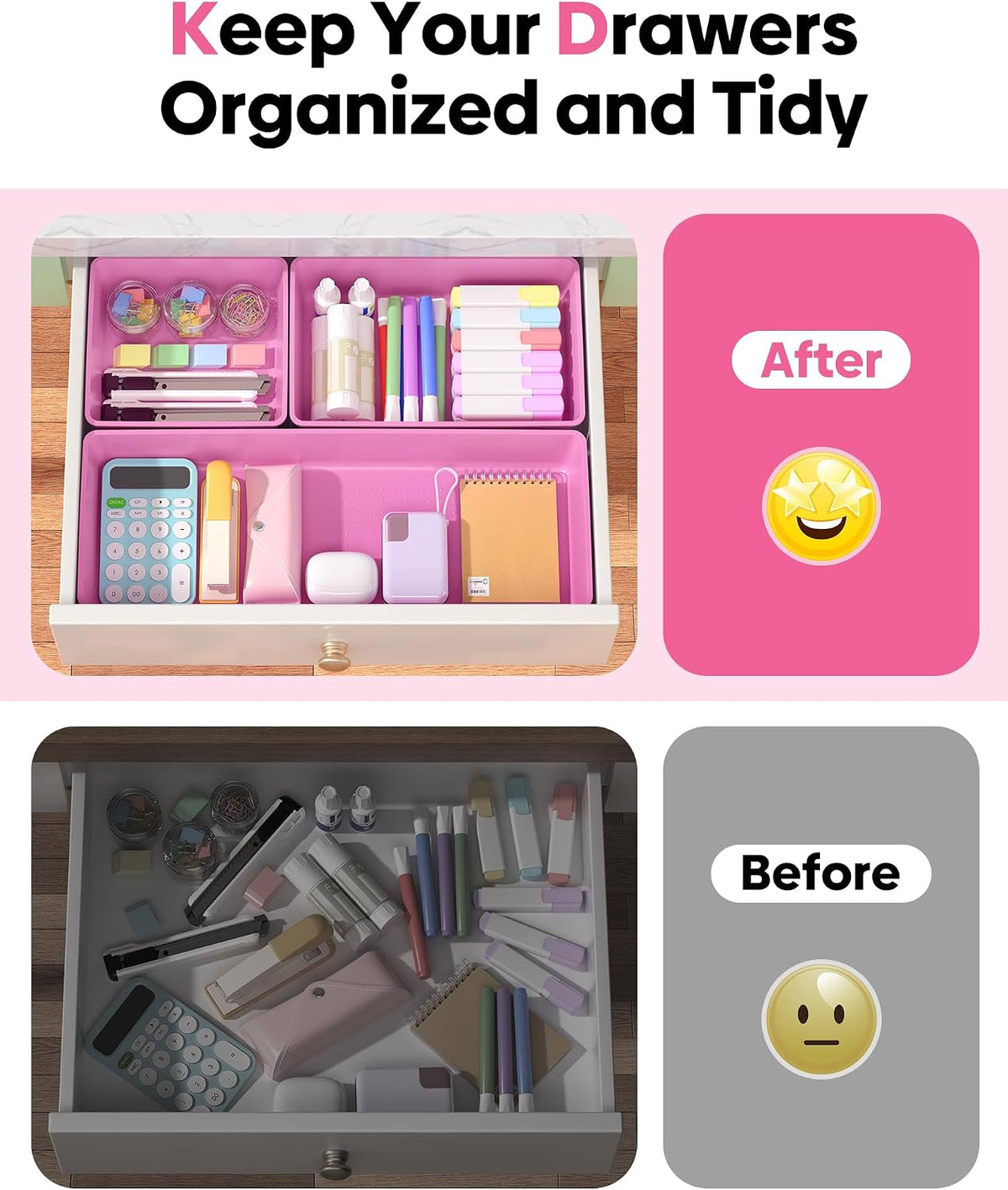 10 Pack Large Size Plastic Drawer Organizers Set, 3 Sizes Desk Drawer Organizer Trays, Storage Bins for Vanity, Makeup, Bathroom, Kitchen Utensils and Office (Black)