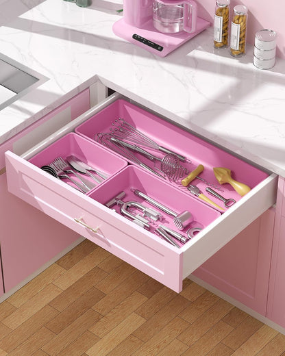 10 Pack Large Size Plastic Drawer Organizers Set, 3 Sizes Desk Drawer Organizer Trays, Storage Bins for Vanity, Makeup, Bathroom, Kitchen Utensils and Office (Black)