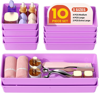 10 Pack Large Size Plastic Drawer Organizers Set, 3 Sizes Desk Drawer Organizer Trays, Storage Bins for Vanity, Makeup, Bathroom, Kitchen Utensils and Office (Black)