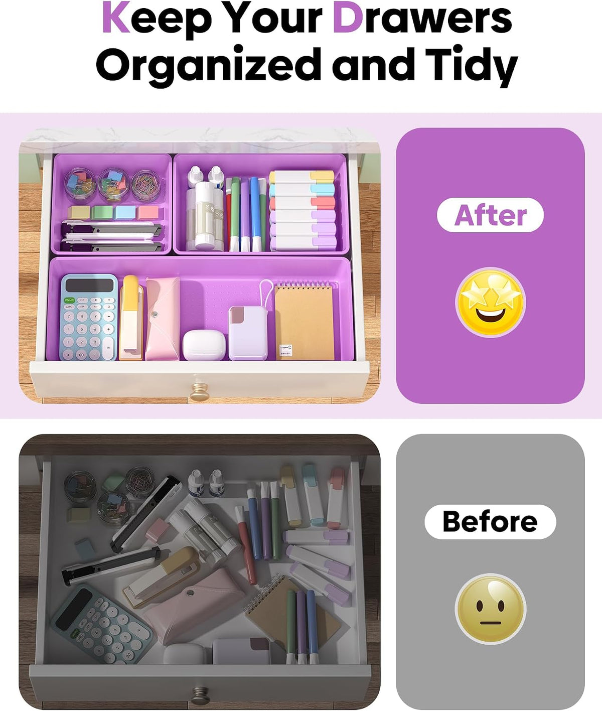 10 Pack Large Size Plastic Drawer Organizers Set, 3 Sizes Desk Drawer Organizer Trays, Storage Bins for Vanity, Makeup, Bathroom, Kitchen Utensils and Office (Black)