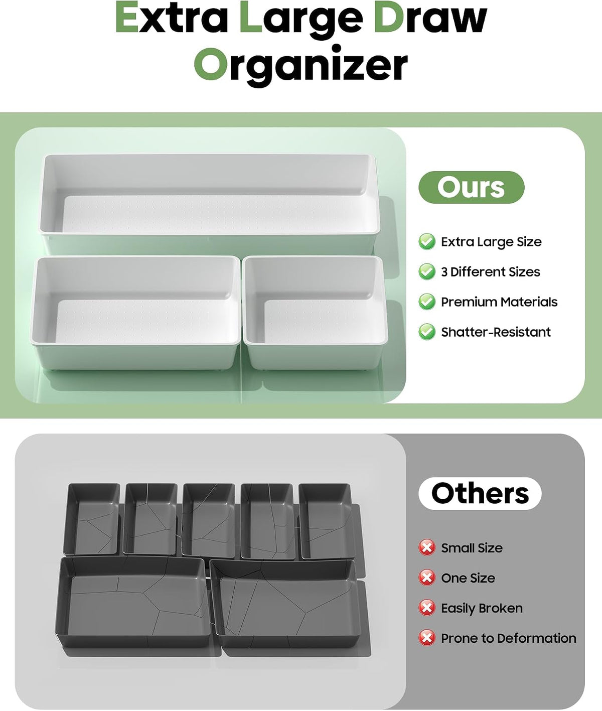 10 Pack Large Size Plastic Drawer Organizers Set, 3 Sizes Desk Drawer Organizer Trays, Storage Bins for Vanity, Makeup, Bathroom, Kitchen Utensils and Office (Black)