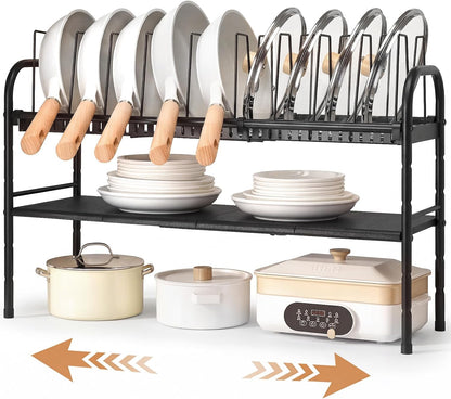 Pots and Pans Organizer Under Cabinet, 2-Tier Expandable Pot Rack | 10 Dividers for Lid Separation, 5-Level Adjustable Height, Kitchen Cookware Pan Holder Shelf, Carbon Steel Frame