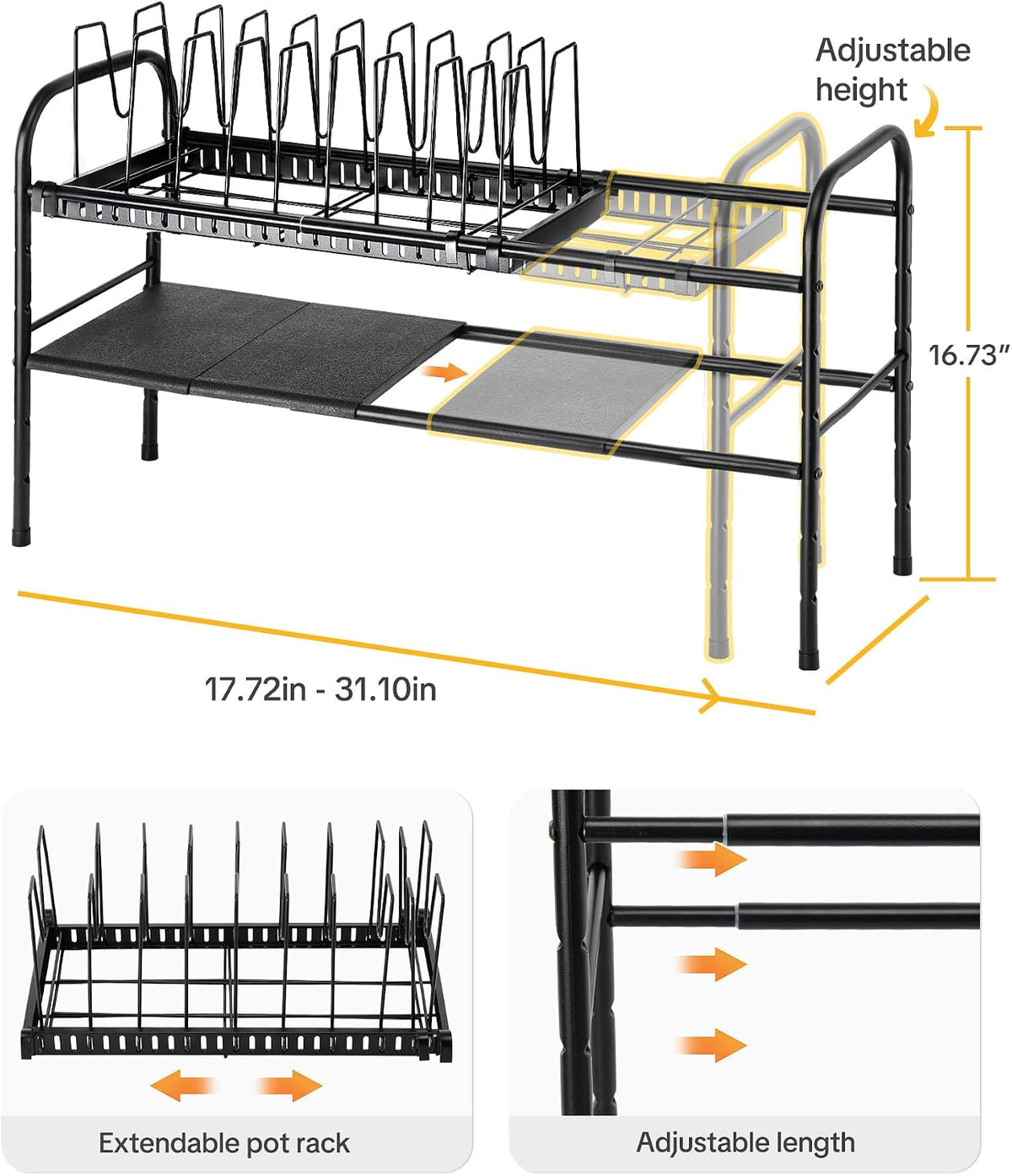 Pots and Pans Organizer Under Cabinet, 2-Tier Expandable Pot Rack | 10 Dividers for Lid Separation, 5-Level Adjustable Height, Kitchen Cookware Pan Holder Shelf, Carbon Steel Frame