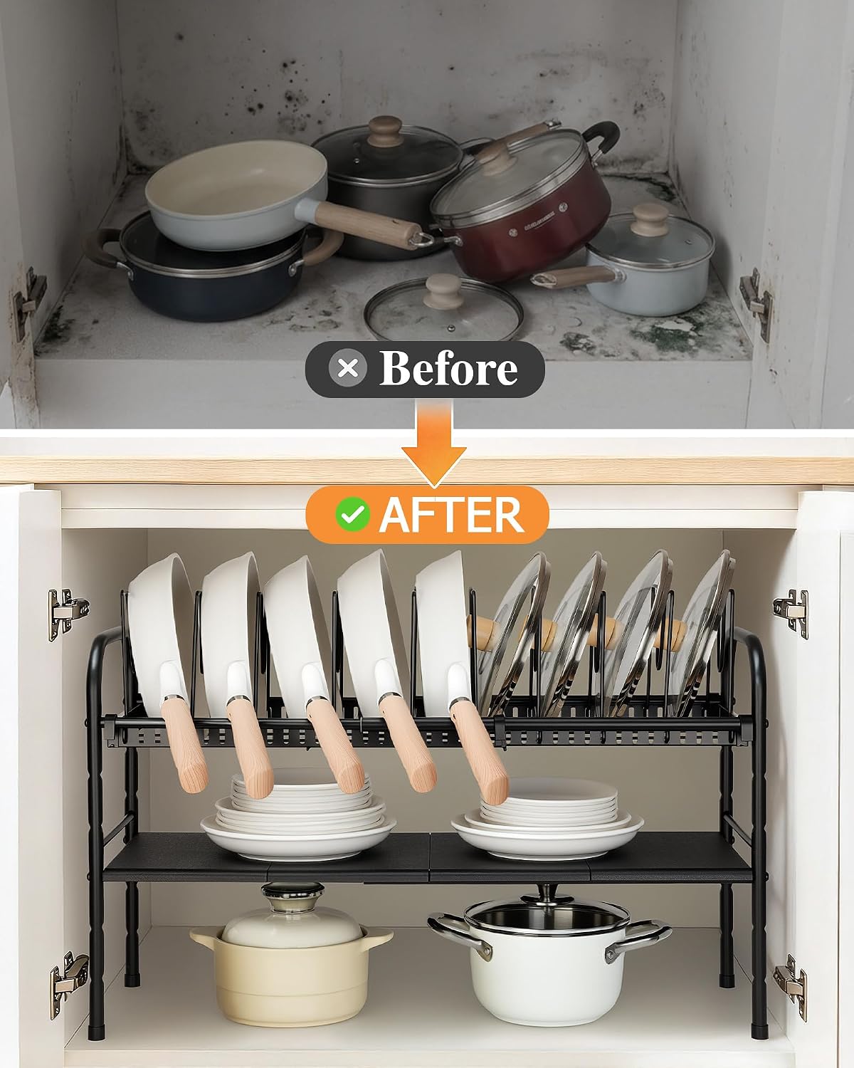 Pots and Pans Organizer Under Cabinet, 2-Tier Expandable Pot Rack | 10 Dividers for Lid Separation, 5-Level Adjustable Height, Kitchen Cookware Pan Holder Shelf, Carbon Steel Frame