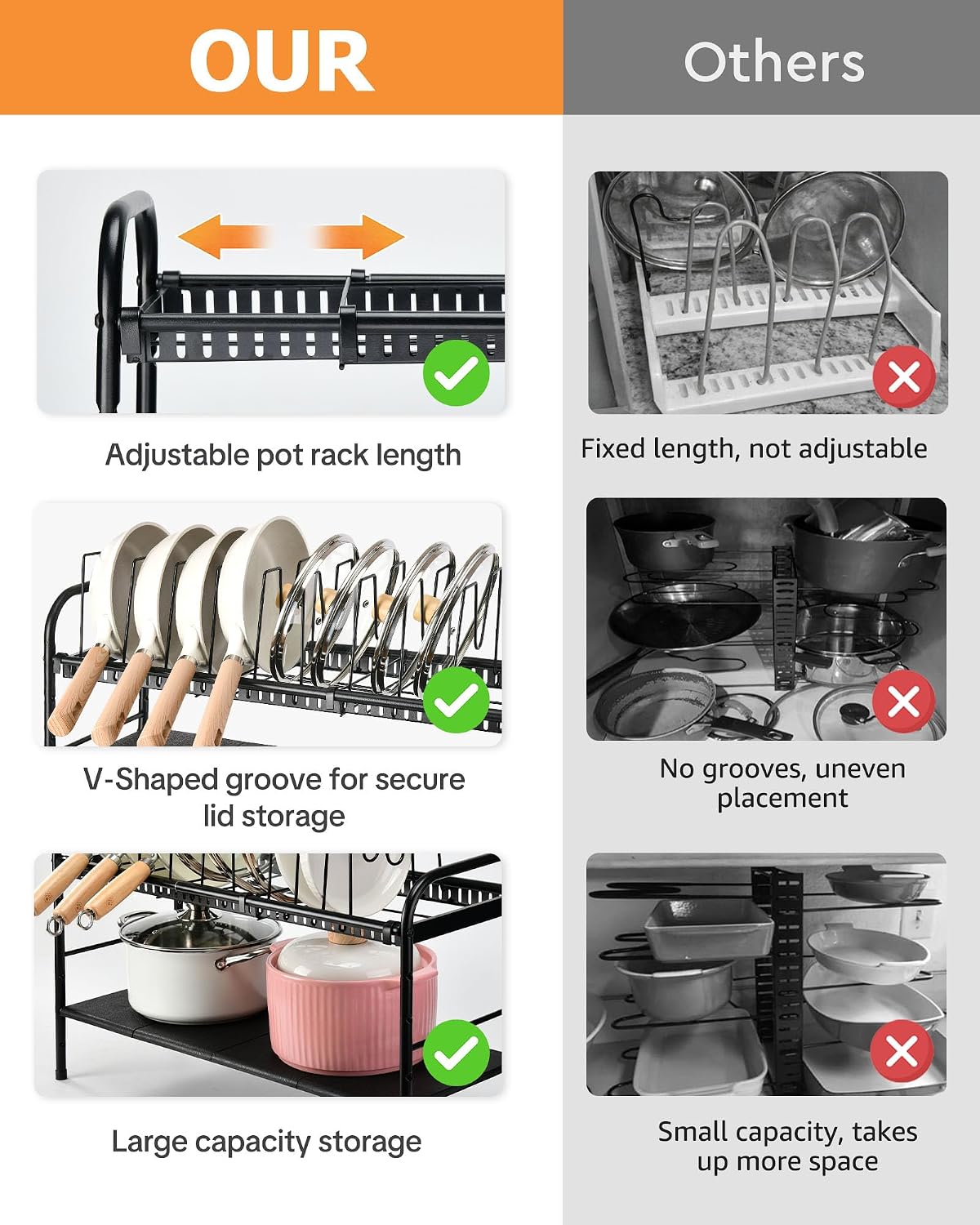 Pots and Pans Organizer Under Cabinet, 2-Tier Expandable Pot Rack | 10 Dividers for Lid Separation, 5-Level Adjustable Height, Kitchen Cookware Pan Holder Shelf, Carbon Steel Frame