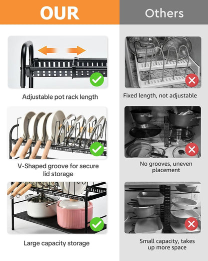 Pots and Pans Organizer Under Cabinet, 2-Tier Expandable Pot Rack | 10 Dividers for Lid Separation, 5-Level Adjustable Height, Kitchen Cookware Pan Holder Shelf, Carbon Steel Frame
