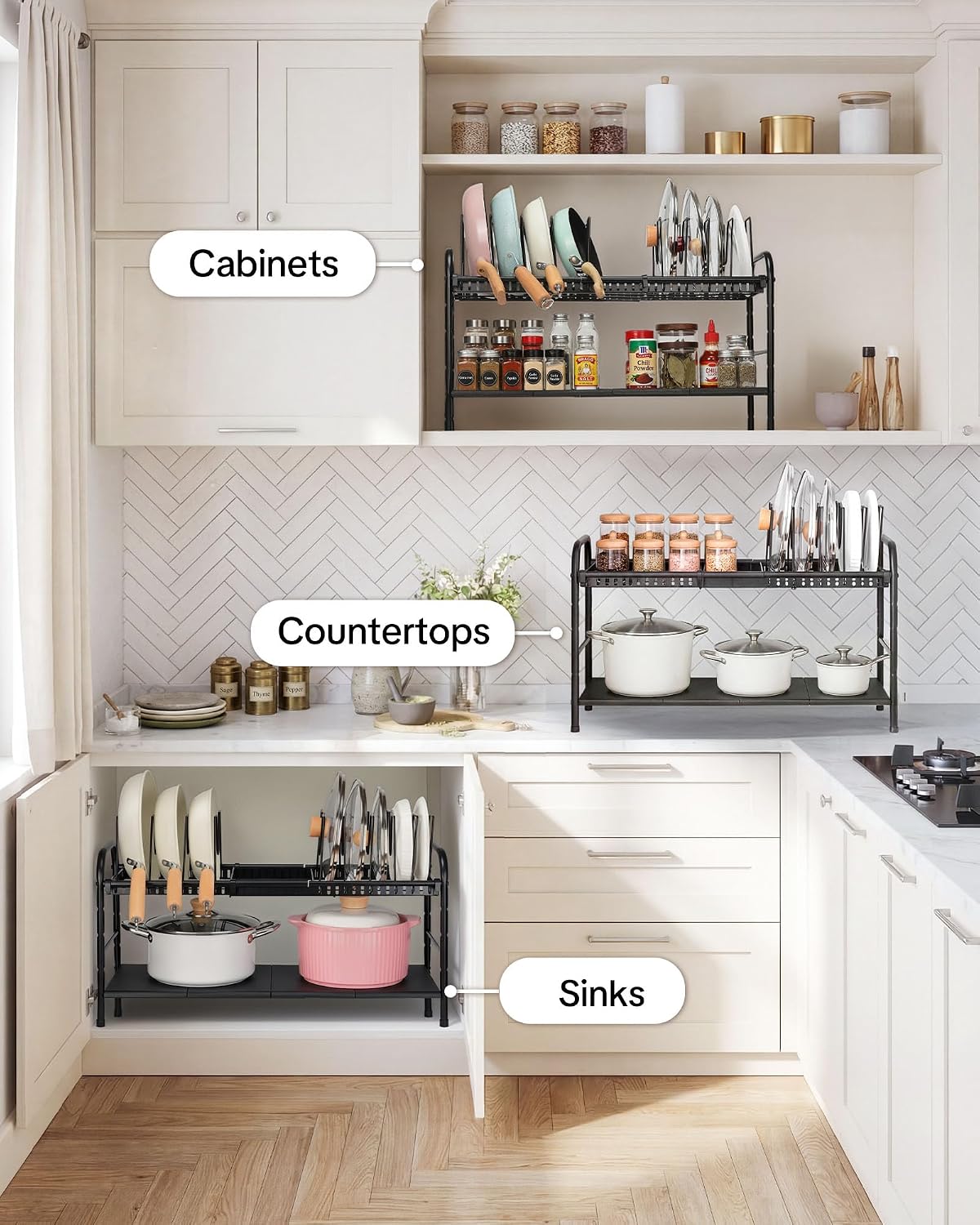 Pots and Pans Organizer Under Cabinet, 2-Tier Expandable Pot Rack | 10 Dividers for Lid Separation, 5-Level Adjustable Height, Kitchen Cookware Pan Holder Shelf, Carbon Steel Frame