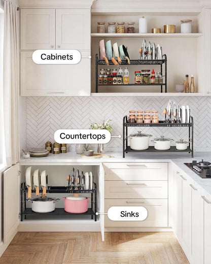 Pots and Pans Organizer Under Cabinet, 2-Tier Expandable Pot Rack | 10 Dividers for Lid Separation, 5-Level Adjustable Height, Kitchen Cookware Pan Holder Shelf, Carbon Steel Frame