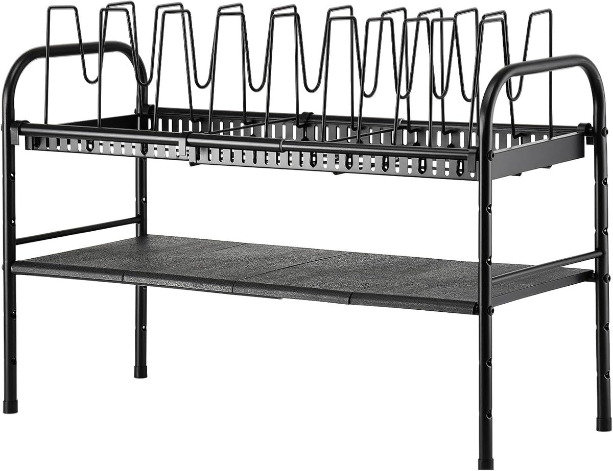 Pots and Pans Organizer Under Cabinet, 2-Tier Expandable Pot Rack | 10 Dividers for Lid Separation, 5-Level Adjustable Height, Kitchen Cookware Pan Holder Shelf, Carbon Steel Frame
