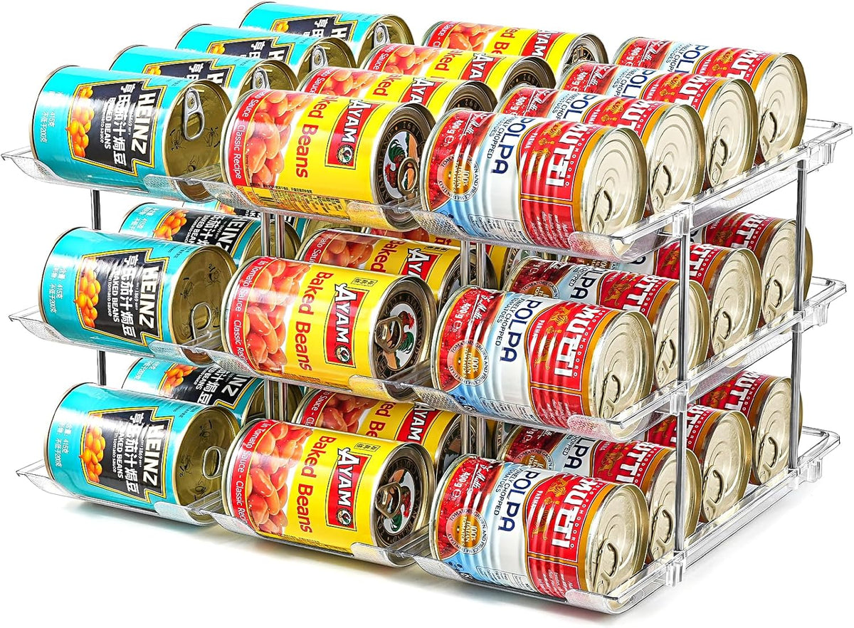 Can Organizer for Pantry, Stacking Can Storage Organizer Pantry, Automatic Rolling Can Rack for Fridge, 3Tire 3 Columns Can Holder for 36 Cans, Canned Goods Organizer