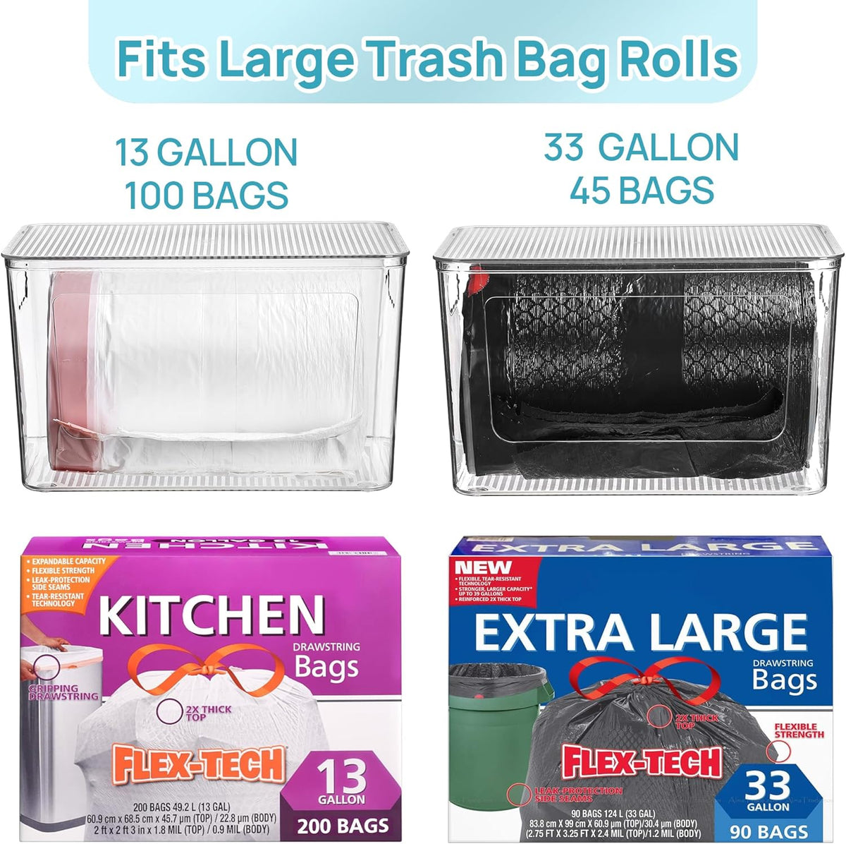 Trash Bag Holder, Stackable Garbage Bag Dispenser for 13/30/33 Gallon Bags, Clear Organizer Bins for Under Kitchen Sink, Laundry Room Organization and Storage