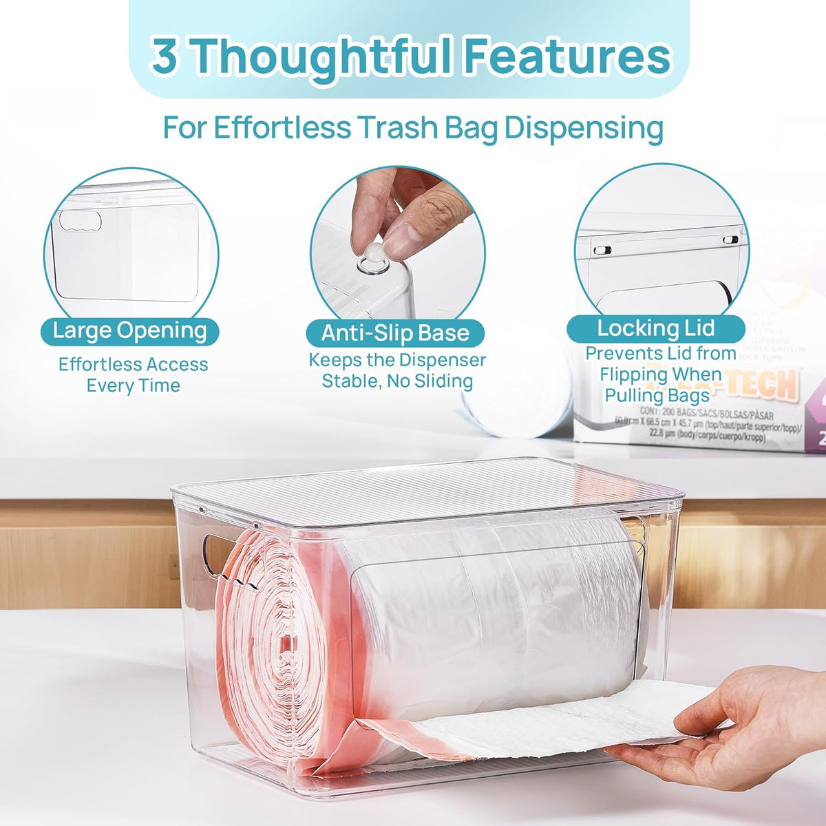 Trash Bag Holder, Stackable Garbage Bag Dispenser for 13/30/33 Gallon Bags, Clear Organizer Bins for Under Kitchen Sink, Laundry Room Organization and Storage