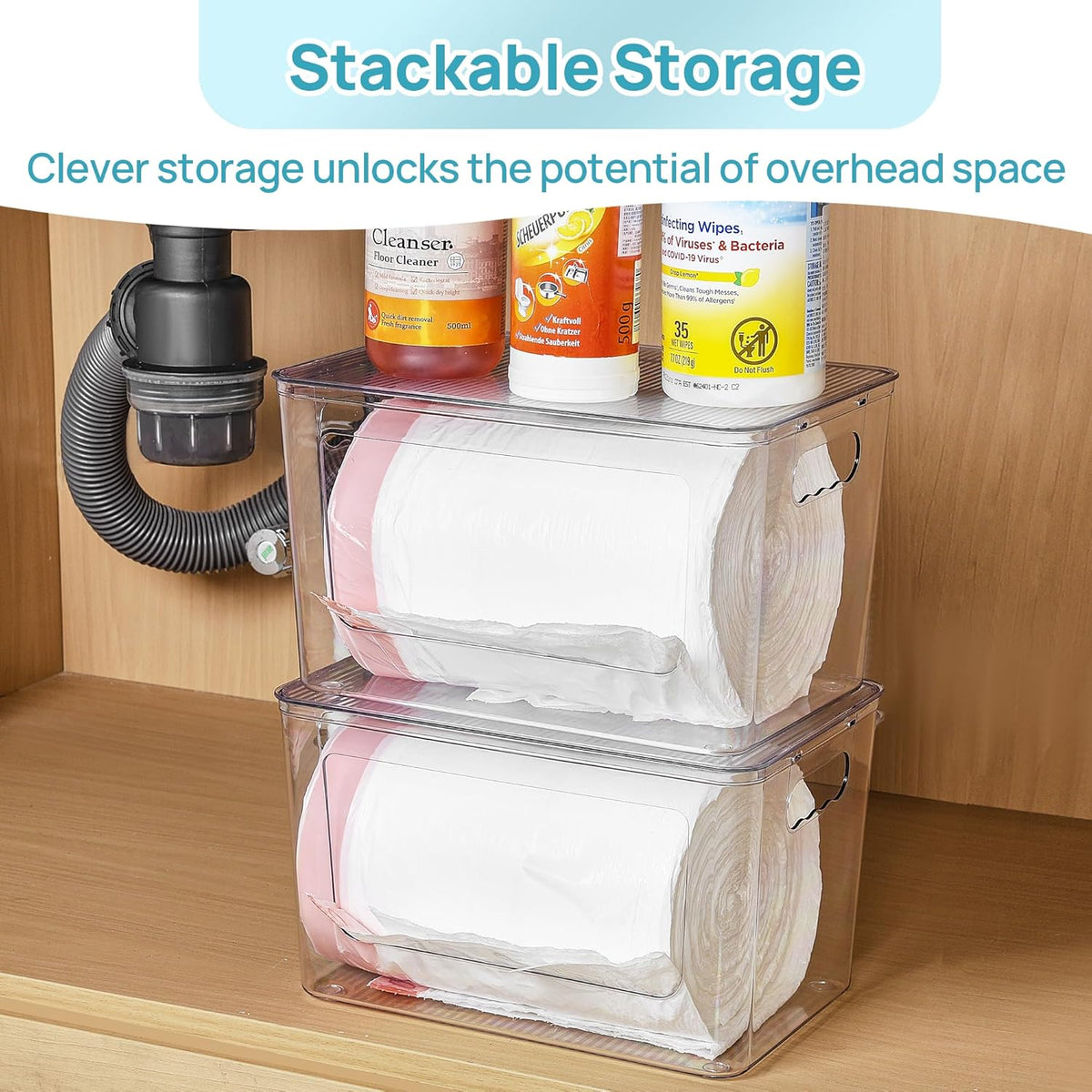 Trash Bag Holder, Stackable Garbage Bag Dispenser for 13/30/33 Gallon Bags, Clear Organizer Bins for Under Kitchen Sink, Laundry Room Organization and Storage