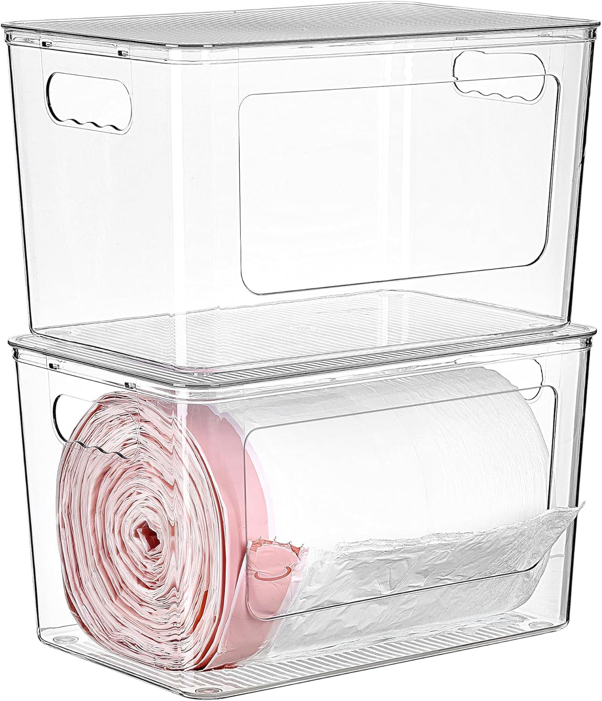 Trash Bag Holder, Stackable Garbage Bag Dispenser for 13/30/33 Gallon Bags, Clear Organizer Bins for Under Kitchen Sink, Laundry Room Organization and Storage