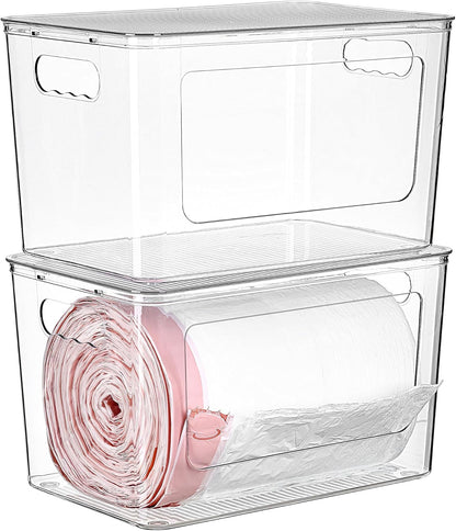 Trash Bag Holder, Stackable Garbage Bag Dispenser for 13/30/33 Gallon Bags, Clear Organizer Bins for Under Kitchen Sink, Laundry Room Organization and Storage