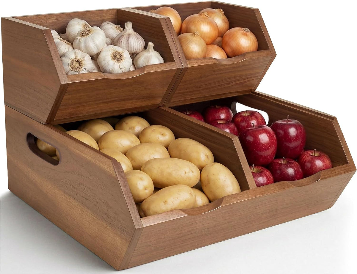 Acacia Pantry Storage Bins Set of 3, Stackable Potato Onion Wood Baskets | Open Front Vegetable and Produce Holders with Airflow, Grip Handles, Organizers for Kitchen Counter and Cabinet