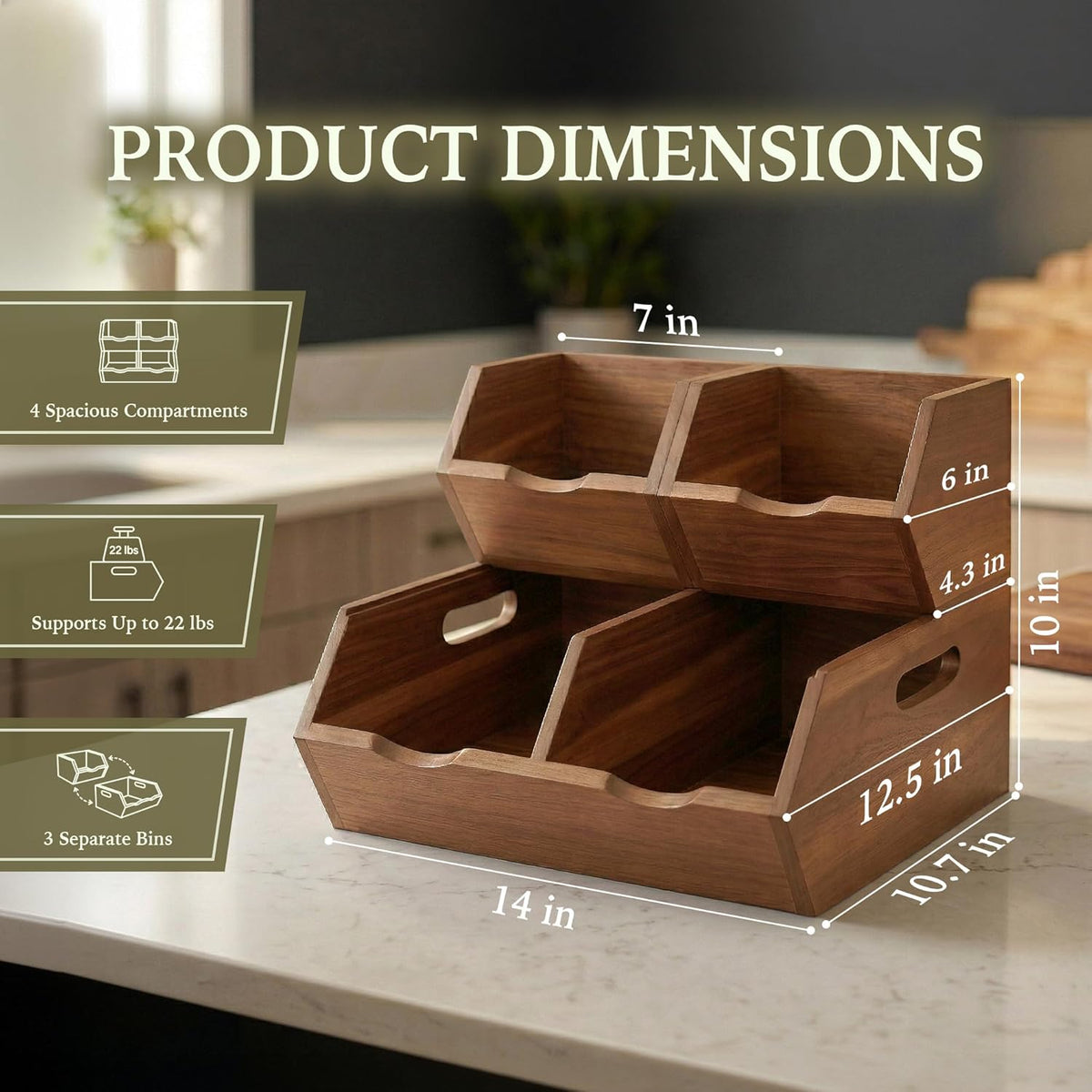 Acacia Pantry Storage Bins Set of 3, Stackable Potato Onion Wood Baskets | Open Front Vegetable and Produce Holders with Airflow, Grip Handles, Organizers for Kitchen Counter and Cabinet