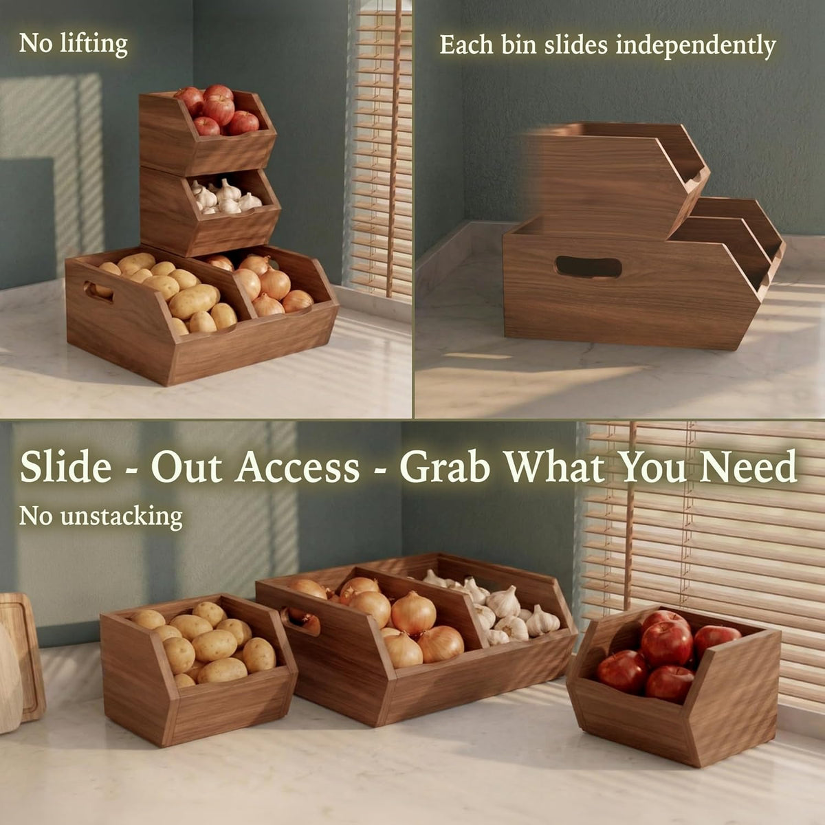 Acacia Pantry Storage Bins Set of 3, Stackable Potato Onion Wood Baskets | Open Front Vegetable and Produce Holders with Airflow, Grip Handles, Organizers for Kitchen Counter and Cabinet
