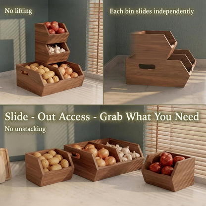 Acacia Pantry Storage Bins Set of 3, Stackable Potato Onion Wood Baskets | Open Front Vegetable and Produce Holders with Airflow, Grip Handles, Organizers for Kitchen Counter and Cabinet