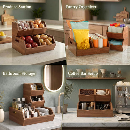 Acacia Pantry Storage Bins Set of 3, Stackable Potato Onion Wood Baskets | Open Front Vegetable and Produce Holders with Airflow, Grip Handles, Organizers for Kitchen Counter and Cabinet