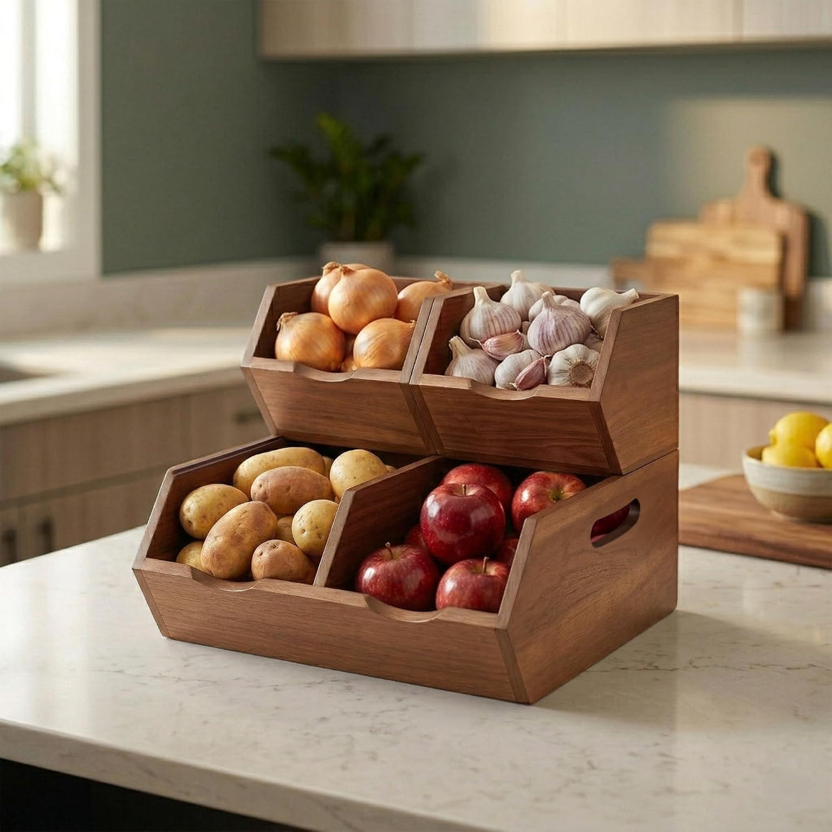 Acacia Pantry Storage Bins Set of 3, Stackable Potato Onion Wood Baskets | Open Front Vegetable and Produce Holders with Airflow, Grip Handles, Organizers for Kitchen Counter and Cabinet