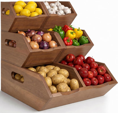 Acacia Pantry Storage Bins Set of 3, Stackable Potato Onion Wood Baskets | Open Front Vegetable and Produce Holders with Airflow, Grip Handles, Organizers for Kitchen Counter and Cabinet