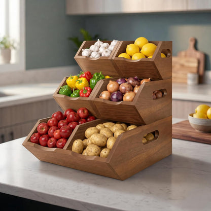 Acacia Pantry Storage Bins Set of 3, Stackable Potato Onion Wood Baskets | Open Front Vegetable and Produce Holders with Airflow, Grip Handles, Organizers for Kitchen Counter and Cabinet