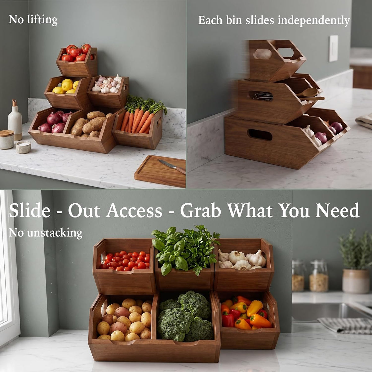 Acacia Pantry Storage Bins Set of 3, Stackable Potato Onion Wood Baskets | Open Front Vegetable and Produce Holders with Airflow, Grip Handles, Organizers for Kitchen Counter and Cabinet