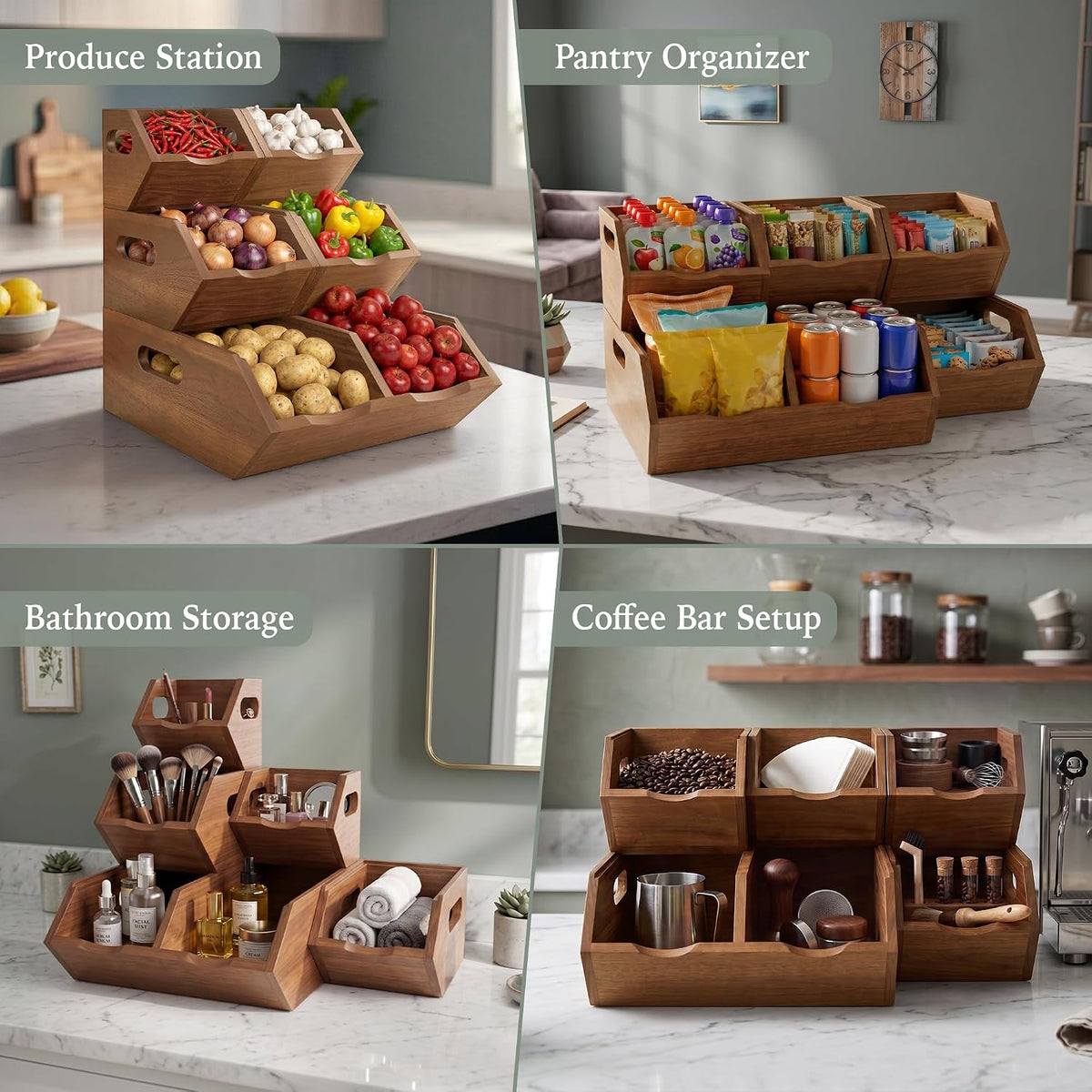Acacia Pantry Storage Bins Set of 3, Stackable Potato Onion Wood Baskets | Open Front Vegetable and Produce Holders with Airflow, Grip Handles, Organizers for Kitchen Counter and Cabinet