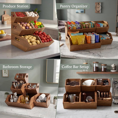 Acacia Pantry Storage Bins Set of 3, Stackable Potato Onion Wood Baskets | Open Front Vegetable and Produce Holders with Airflow, Grip Handles, Organizers for Kitchen Counter and Cabinet