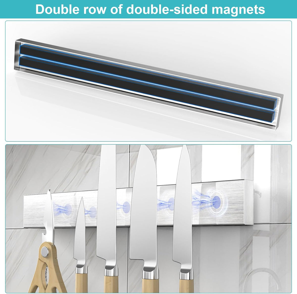 Magnetic Knife Holder for Wall, No Drilling Magnetic Knife Strip Adhesive Knife Holder Magnet Knife Bar, Wall Mount Knife Rack Block Metal Tool Holder for Utensils RV Kitchen Organization, 10 Inch