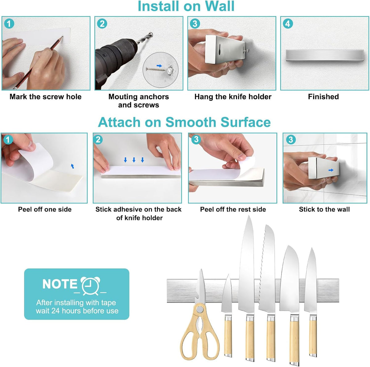 Magnetic Knife Holder for Wall, No Drilling Magnetic Knife Strip Adhesive Knife Holder Magnet Knife Bar, Wall Mount Knife Rack Block Metal Tool Holder for Utensils RV Kitchen Organization, 10 Inch