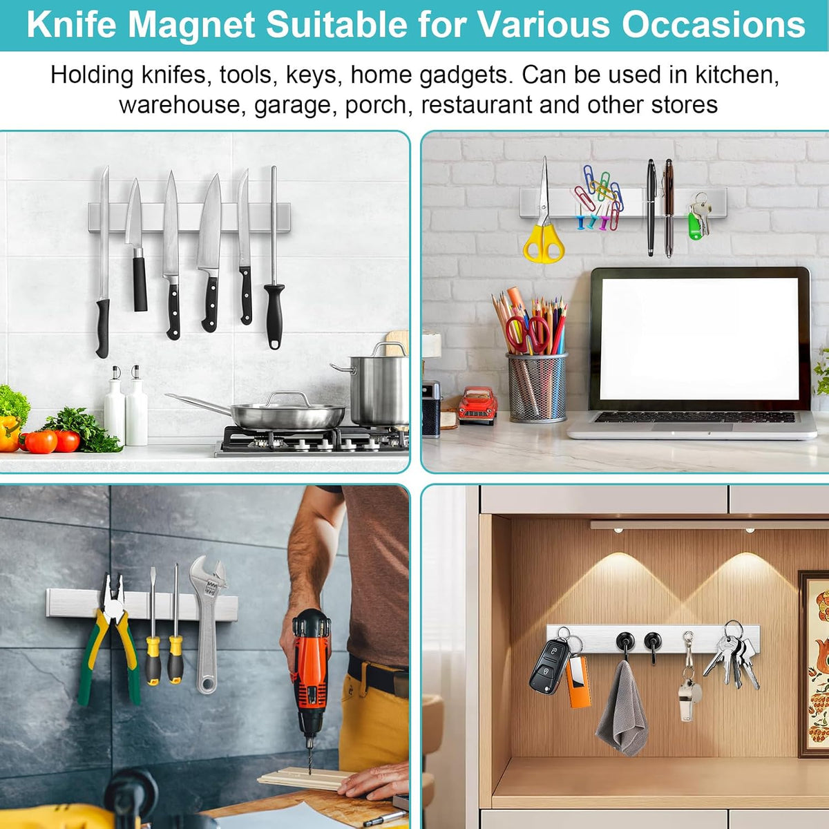 Magnetic Knife Holder for Wall, No Drilling Magnetic Knife Strip Adhesive Knife Holder Magnet Knife Bar, Wall Mount Knife Rack Block Metal Tool Holder for Utensils RV Kitchen Organization, 10 Inch