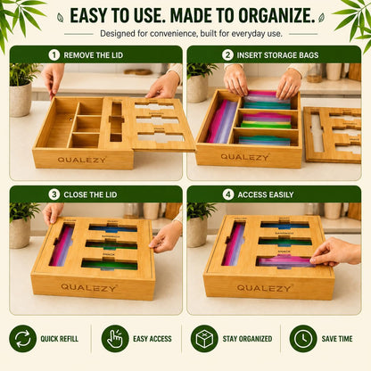 Storage Bag Organizer for Kitchen- Baggie Drawer Organizer & Plastic Food Storage Bags Holder- Compatible with Gallon, Quart, Sandwich, Snack Bags, Freezer, Slider Bags-4 Separate Pieces White