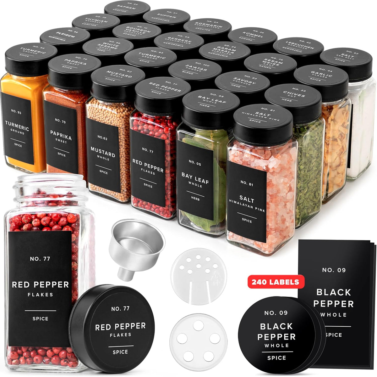 Glass Spice Jars with Label and Black Lids (24 x 4oz) Spice Containers with 240 Labels, Shaker Inserts, Steel Funnel, Empty Square Seasoning Organizer for Spice Rack, Cabinet, Drawer