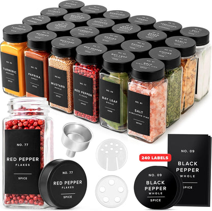 Glass Spice Jars with Label and Black Lids (24 x 4oz) Spice Containers with 240 Labels, Shaker Inserts, Steel Funnel, Empty Square Seasoning Organizer for Spice Rack, Cabinet, Drawer