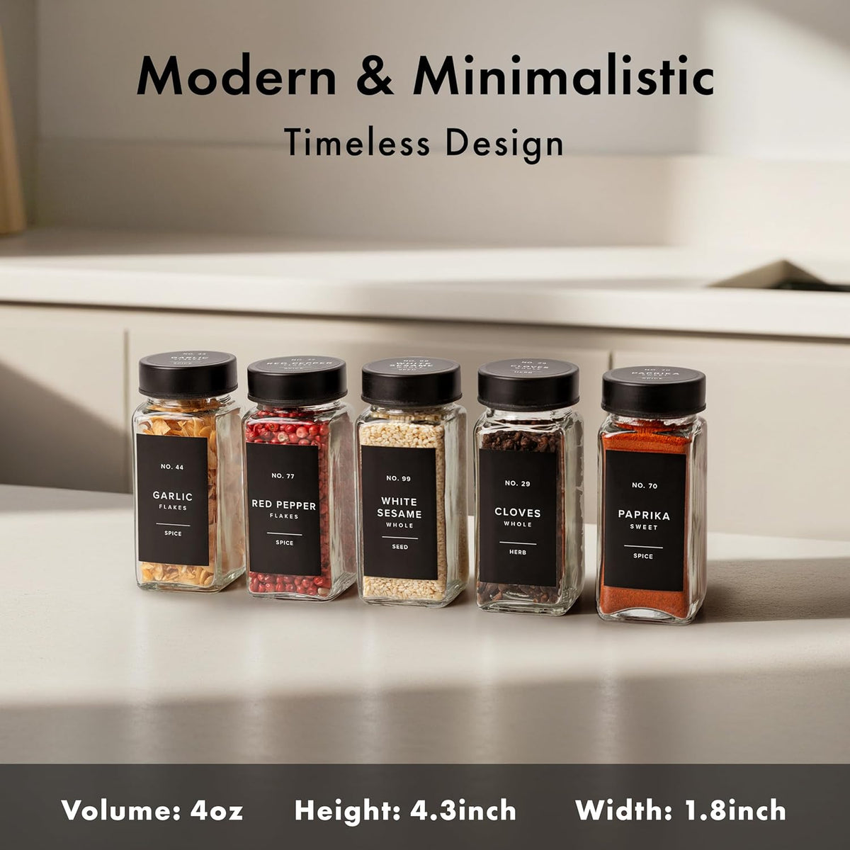 Glass Spice Jars with Label and Black Lids (24 x 4oz) Spice Containers with 240 Labels, Shaker Inserts, Steel Funnel, Empty Square Seasoning Organizer for Spice Rack, Cabinet, Drawer