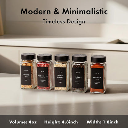 Glass Spice Jars with Label and Black Lids (24 x 4oz) Spice Containers with 240 Labels, Shaker Inserts, Steel Funnel, Empty Square Seasoning Organizer for Spice Rack, Cabinet, Drawer