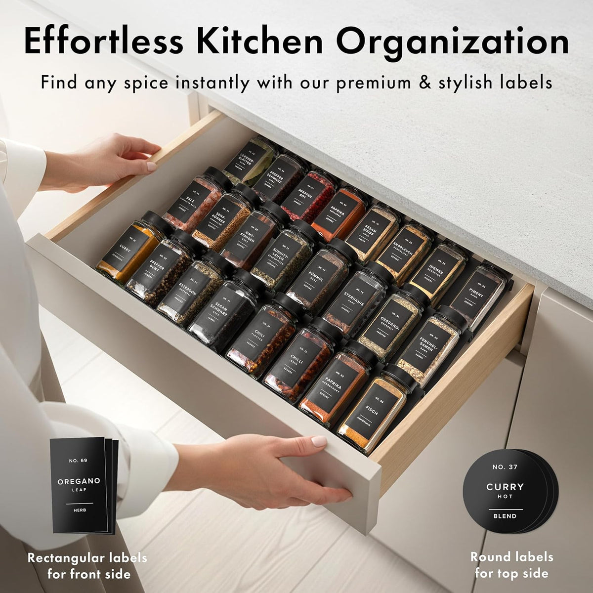 Glass Spice Jars with Label and Black Lids (24 x 4oz) Spice Containers with 240 Labels, Shaker Inserts, Steel Funnel, Empty Square Seasoning Organizer for Spice Rack, Cabinet, Drawer
