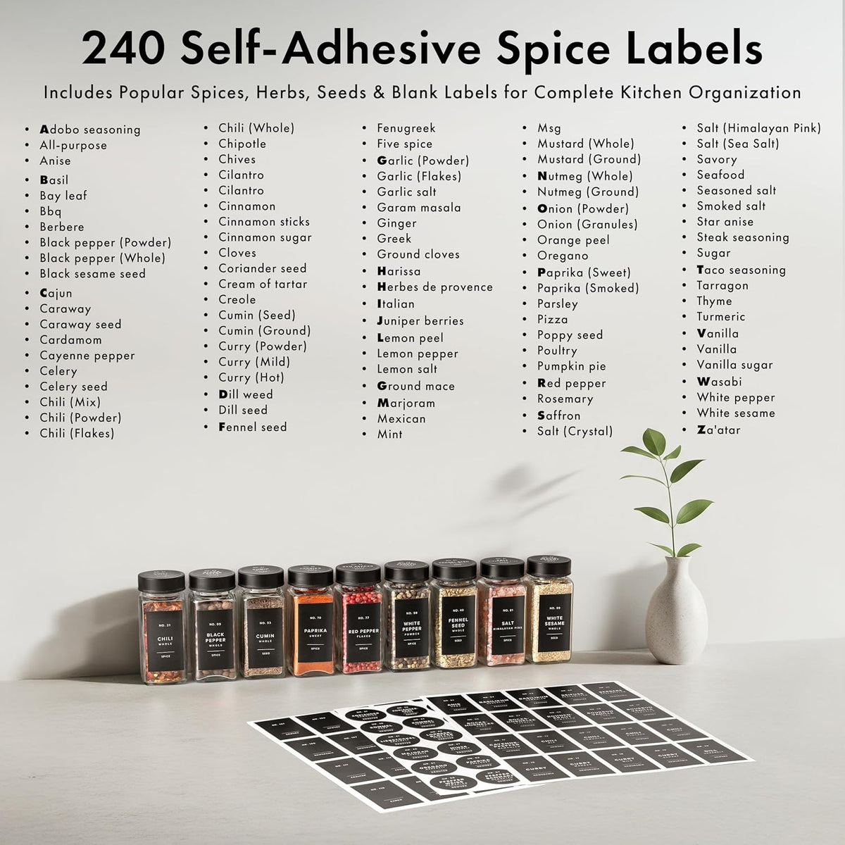 Glass Spice Jars with Label and Black Lids (24 x 4oz) Spice Containers with 240 Labels, Shaker Inserts, Steel Funnel, Empty Square Seasoning Organizer for Spice Rack, Cabinet, Drawer