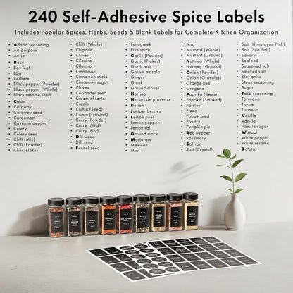 Glass Spice Jars with Label and Black Lids (24 x 4oz) Spice Containers with 240 Labels, Shaker Inserts, Steel Funnel, Empty Square Seasoning Organizer for Spice Rack, Cabinet, Drawer