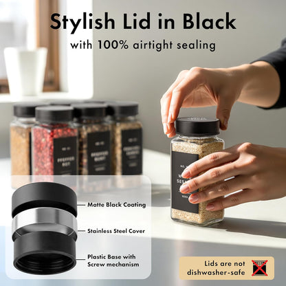 Glass Spice Jars with Label and Black Lids (24 x 4oz) Spice Containers with 240 Labels, Shaker Inserts, Steel Funnel, Empty Square Seasoning Organizer for Spice Rack, Cabinet, Drawer